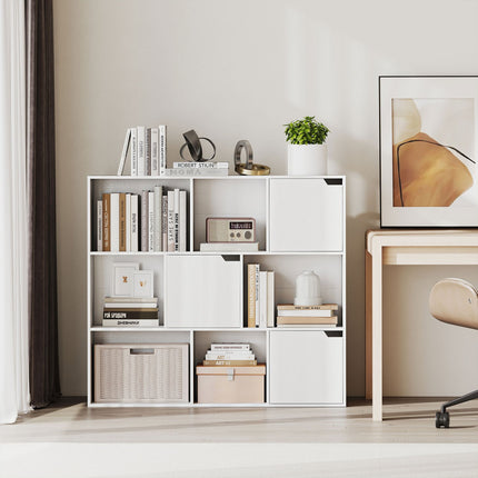 Bookshelf with 9 Cubes, 3 Doors, 6 Open Shelves, White