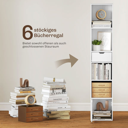 Bookshelf with Adjustable Shelves and Drawer, White