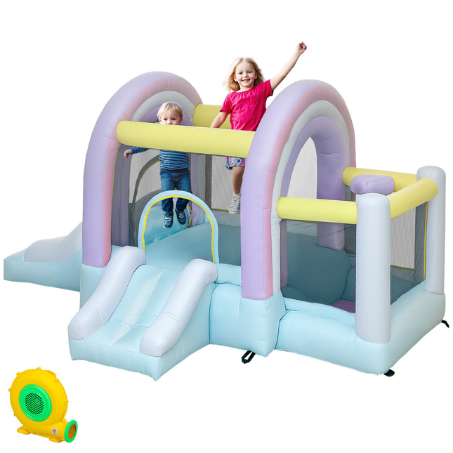 Inflatable bouncy castle with slide and basketball hoop for children