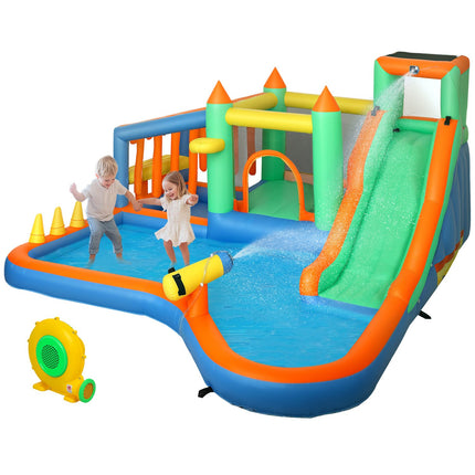 Springkasteel met blazer, waterglijbaan, peuterbad, ballenbak, klimmuur, werpring, sprong, basketbalring, waterkanon, opblaasbaar springkasteel voor 3-8 jaar, 416 x 370 x 195 cm |