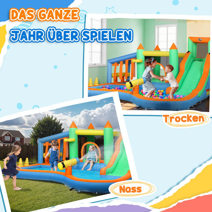 Springkasteel met blazer, waterglijbaan, peuterbad, ballenbak, klimmuur, werpring, sprong, basketbalring, waterkanon, opblaasbaar springkasteel voor 3-8 jaar, 416 x 370 x 195 cm |