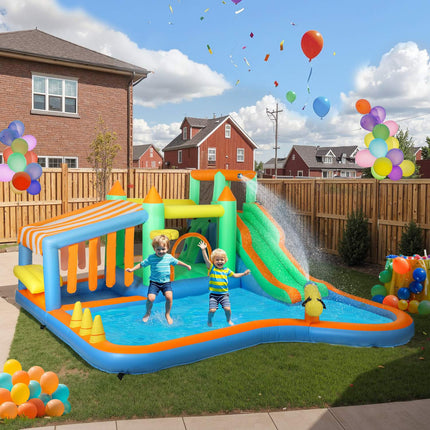 Springkasteel met blazer, waterglijbaan, peuterbad, ballenbak, klimmuur, werpring, sprong, basketbalring, waterkanon, opblaasbaar springkasteel voor 3-8 jaar, 416 x 370 x 195 cm |