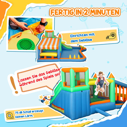 Springkasteel met blazer, waterglijbaan, peuterbad, ballenbak, klimmuur, werpring, sprong, basketbalring, waterkanon, opblaasbaar springkasteel voor 3-8 jaar, 416 x 370 x 195 cm |