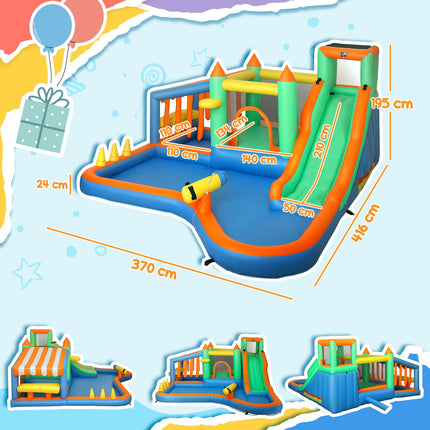 Springkasteel met blazer, waterglijbaan, peuterbad, ballenbak, klimmuur, werpring, sprong, basketbalring, waterkanon, opblaasbaar springkasteel voor 3-8 jaar, 416 x 370 x 195 cm |