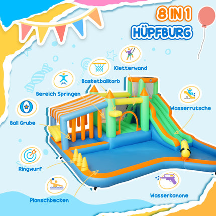 Springkasteel met blazer, waterglijbaan, peuterbad, ballenbak, klimmuur, werpring, sprong, basketbalring, waterkanon, opblaasbaar springkasteel voor 3-8 jaar, 416 x 370 x 195 cm |