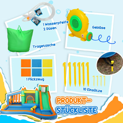 Springkasteel met blazer, waterglijbaan, peuterbad, ballenbak, klimmuur, werpring, sprong, basketbalring, waterkanon, opblaasbaar springkasteel voor 3-8 jaar, 416 x 370 x 195 cm |