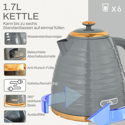 Breakfast set: 1.5 L kettle and toaster with 4 slices, gray