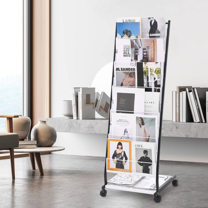 Brochure Display Rack, 6-Tier Floor Stand With Wheels