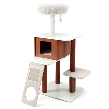 Brown Cat Tree Tower with Scratching Post & Groomer Brush