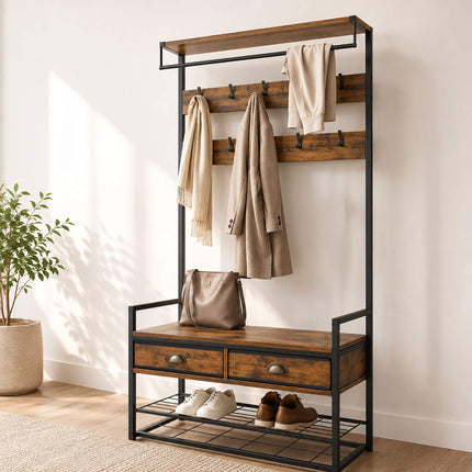 Brown Coat Rack with Hooks, Drawers, and Shoe Shelf