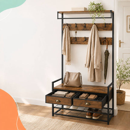 Brown Coat Rack with Hooks, Drawers, and Shoe Shelf