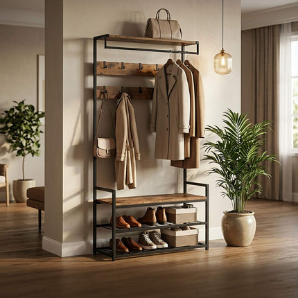 Brown Coat Rack with Hooks, Drawers, and Shoe Shelf