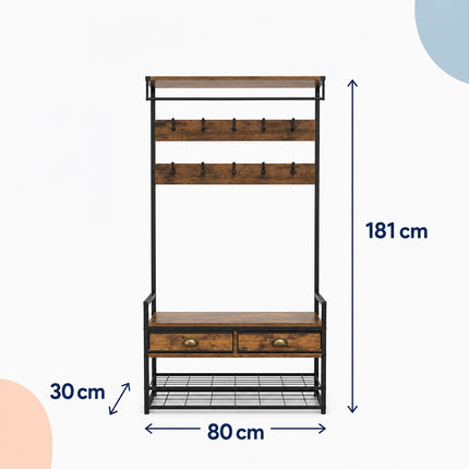 Brown Coat Rack with Hooks, Drawers, and Shoe Shelf