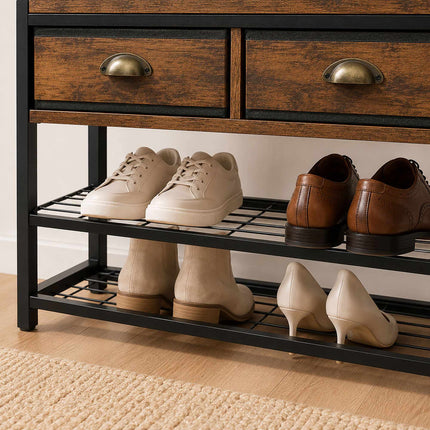 Brown Coat Rack with Hooks, Drawers, and Shoe Shelf