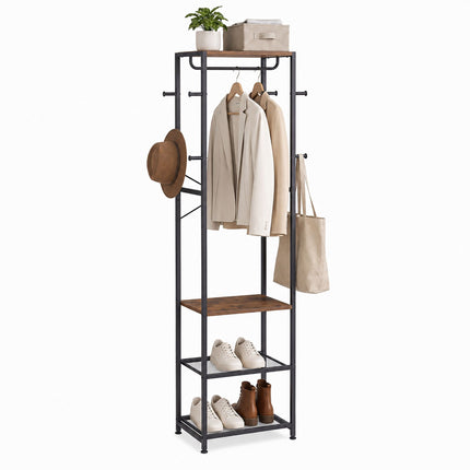 Brown Coat Rack with Hooks, Shelves & Rail