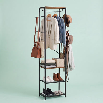 Brown Coat Rack with Hooks, Shelves & Rail