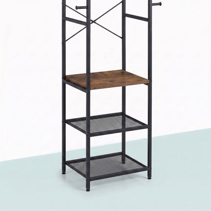 Brown Coat Rack with Hooks, Shelves & Rail