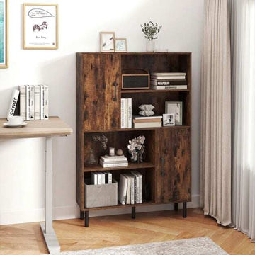 Brown Sideboard Cabinet, 4 Compartments, 2 Doors, Metal Legs