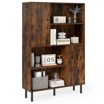 Brown Sideboard Cabinet, 4 Compartments, 2 Doors, Metal Legs