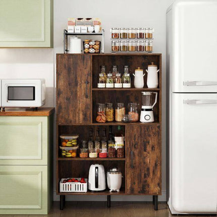 Brown Sideboard Cabinet, 4 Compartments, 2 Doors, Metal Legs