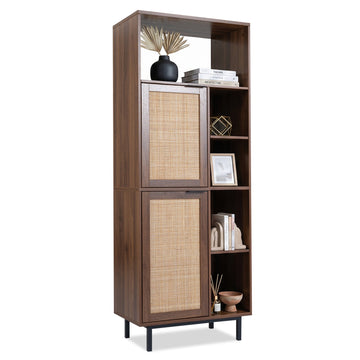 Brown Storage Cabinet with Rattan Doors and 5 Compartments