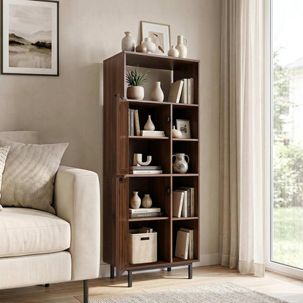 Brown Storage Cabinet with Rattan Doors and 5 Compartments