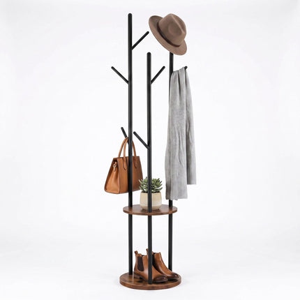 Brown Tree-Shaped Coat Rack with 8 Hooks and 2 Shelves