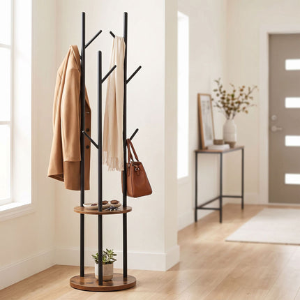 Brown Tree-Shaped Coat Rack with 8 Hooks and 2 Shelves