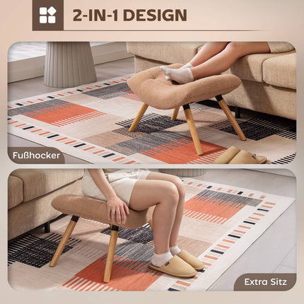 Brown Upholstered Footstool with Fleece Cover & Wood Legs