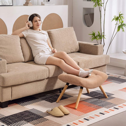 Brown Upholstered Footstool with Fleece Cover & Wood Legs