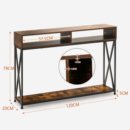 Brown console table with open shelf and steel frame 120 x 23 x 79 cm