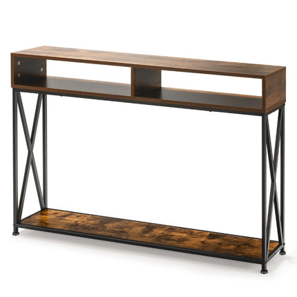 Brown console table with open shelf and steel frame 120 x 23 x 79 cm