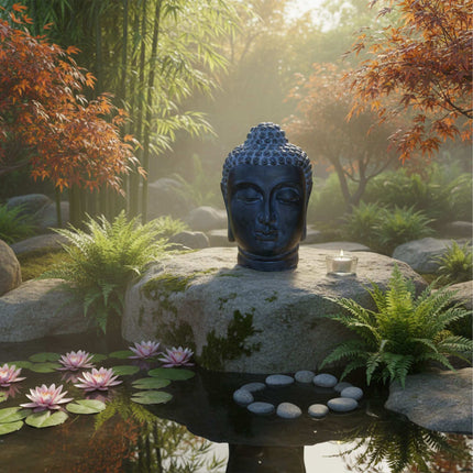 Buddha Head Sculpture, Polyresin, Lava-Stone Finish