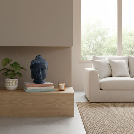 Buddha Head Sculpture, Polyresin, Lava-Stone Finish