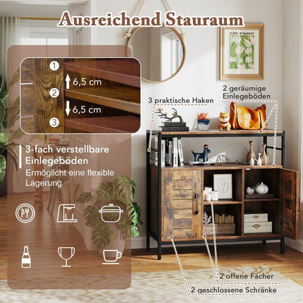 Buffet cabinet with 2 doors & open compartments & adjustable shelves & 3 hooks sideboard