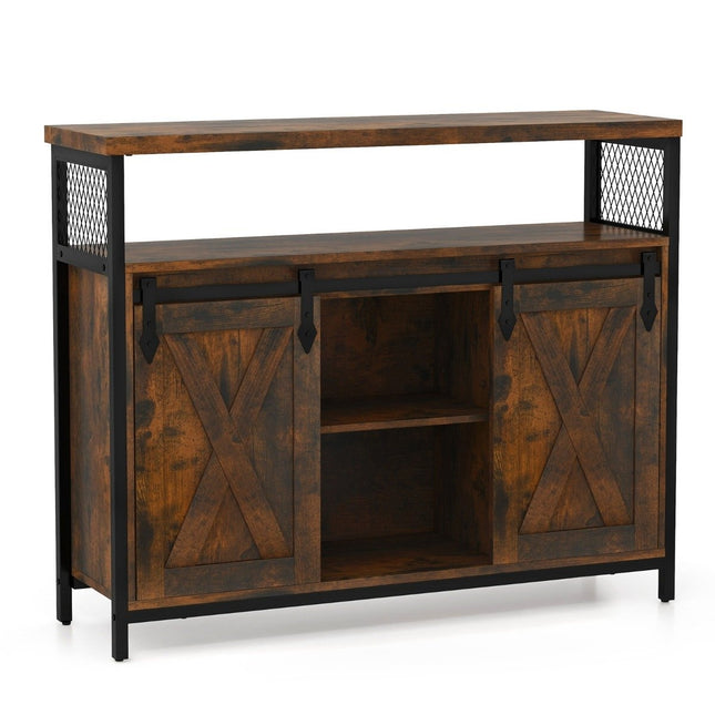 Buffet cabinet with 3-tier adjustable shelves & sliding doors & open compartments in farmhouse style