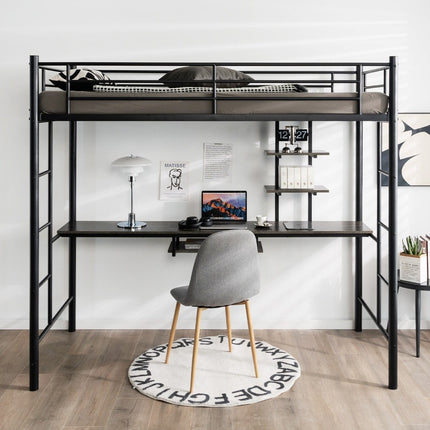 Bunk bed frame loft bed made of metal with desk ladders and railing black