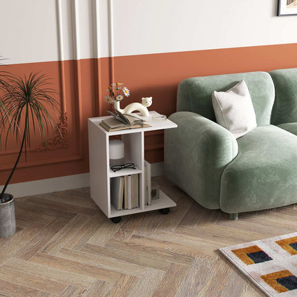 C Shape side table with wheels for small spaces, white