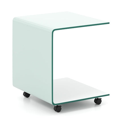C-Shaped Glass Side Table with Wheels – White, 12mm Glass