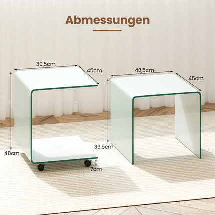 C-Shaped Glass Side Table with Wheels – White, 12mm Glass