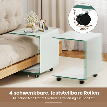 C-Shaped Glass Side Table with Wheels – White, 12mm Glass