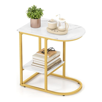 C-Shaped Side Table, Faux Marble, 2-Tier Storage