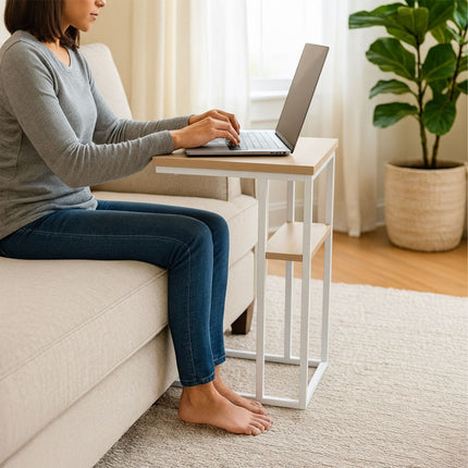 C-Shaped Side Table with 2 Shelves – Metal & Wood