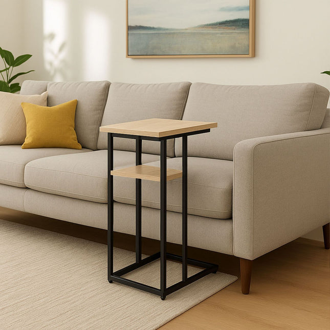C-Shaped Side Table with 2 Shelves for Sofa & Bed