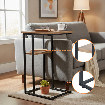C-Shaped Side Table with 2 Shelves for Sofa & Bed