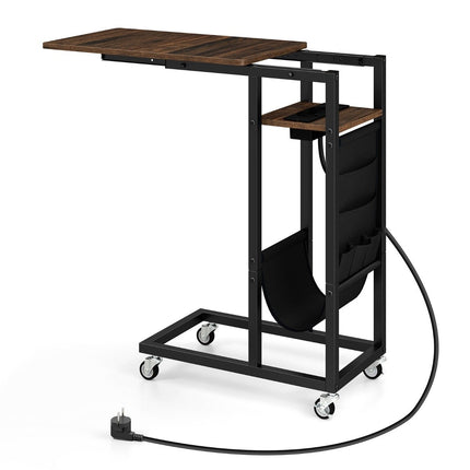 C-Shaped Side Table with Charging Station & Storage Pocket