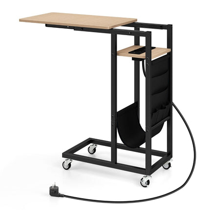 C-Shaped Side Table with Charging Station & Storage Pocket