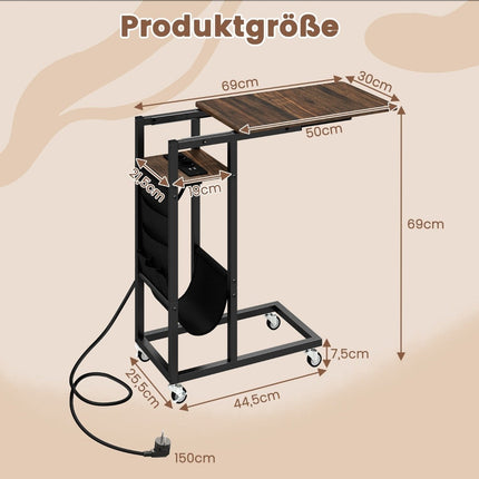 C-Shaped Side Table with Charging Station & Storage Pocket