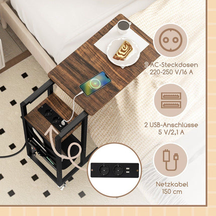 C-Shaped Side Table with Charging Station & Storage Pocket