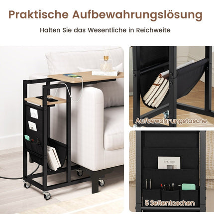 C-Shaped Side Table with Charging Station & Storage Pocket